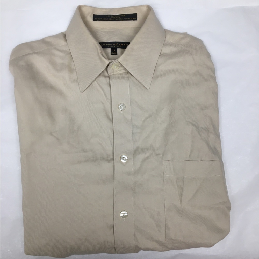 DONNA KARAN Signature Tan Long Sleeve Button Down Shirt size 16 32/33 EUC​​​